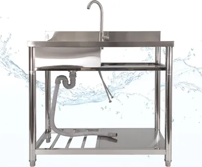 A stainless steel sink with a faucet and plumbing underneath, set against a white background with water splash graphics.