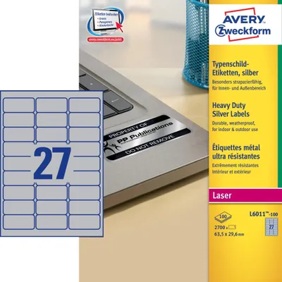 Produktbild von Avery Zweckform L6011-100 Typenschild-Etiketten, 63,5 x 29,6 mm, 100 Bogen/2.700 Etiketten, silber