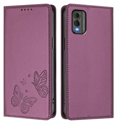 Image de Étui en cuir pour Nokia C32, motif papillon, étui à rabat avec porte-appareil, violet