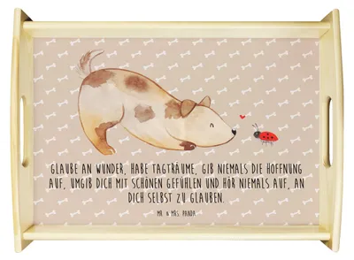Produktbild von Mr. & Mrs. Panda Serviertablett Hund Marienkäfer - Hundeglück - Geschenk, Sprüche, Zuversichtlich, Positiv, Sofa Tablett, Mischlinghund, Dekotablett, Holztablett, Servier