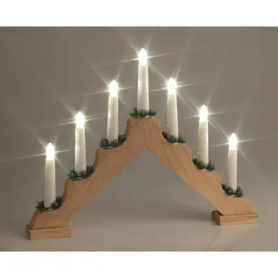 A wooden candle bridge with LED lights on a plain background.