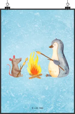 Produktbild von Mr. & Mrs. Panda Bild Pinguin Lagerfeuer DIN A0 - Eisblau - Geschenk, Maus, Wanddekoration, Plakat, Marshmallows, Wandbild, Leben, wanddeko, Grillen, Job, Designposter