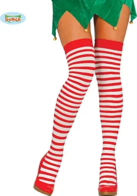 A person wearing red and white striped thigh-high stockings and red shoes, with a green elf costume visible at the top.