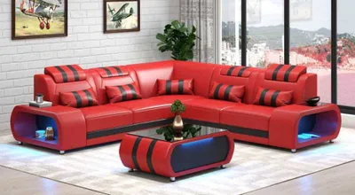 Produktbild von Ecksofa Ledersofa L Form Couch Sofa Rot Luxus Moderne Eckgarnitur LED
