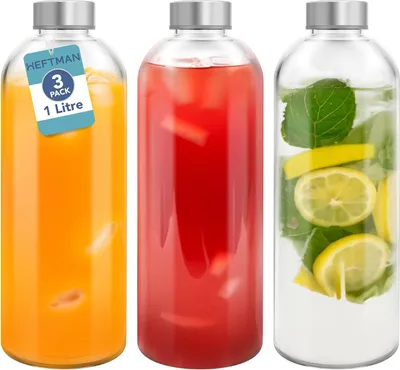 Produktbild von HEFTMAN Glaswasserflasche, 1 Liter, 3 Stück, leere Glasflaschen mit Deckel, Wasser, Smoothies, Glas-Saftflaschen luftdichten, auslaufsicheren
