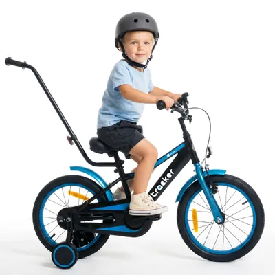 Produktbild von Sun Baby Tracker Bike Kinderfahrrad Jungen Fahrrad Stützräder Schubstange 16 Zoll neon blau
