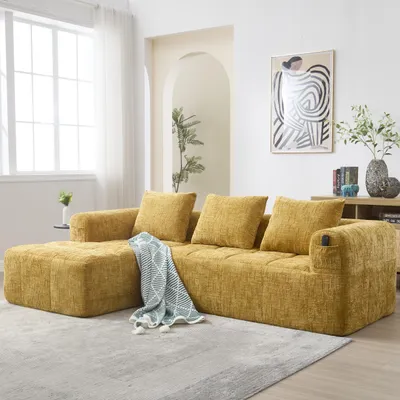 Immagine prodotto di Divano modulare moderno, divano a forma di L, divano a 3 posti, non richiede installazione, divano in velluto con chaise longue e braccioli, 3 cuscini, tasca laterale per il telecomando, colore giallo