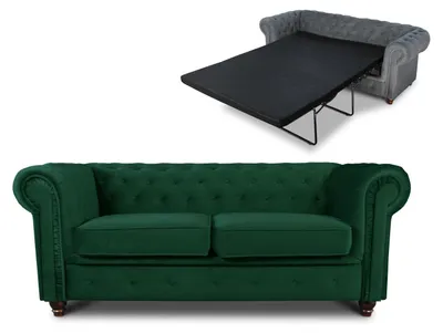Produktbild von Schlafsofa Chesterfield Asti Bis 2-Sitzer, Sofa mit Schlaffunktion, Couch 2-er, Couchgarnitur, Sofagarnitur, Holzfüße - Glamour Design, Velours (Dunkelgrün (Velvet 78))