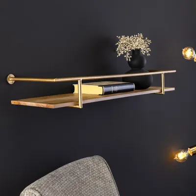 Produktbild von riess-ambiente Wandregal HERITAGE 75cm natur gold messing massives Pinienholz Eisen mit Umrandung