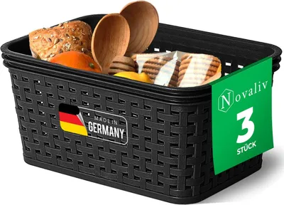 Produktbild von Novaliv 3er Set Lebensmittelechte Körbe Küche Aufbewahrung 2L Schwarz Kunststoff Rattan-Optik Küche Aufbewahrung & Organisation BPA-Freie Lebensmittelaufbewahrungsbox für Teebeutel Snacks Gewürze