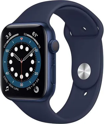 A close-up of an Apple Watch Series 6 with a blue band, displaying the time and other metrics on its screen.