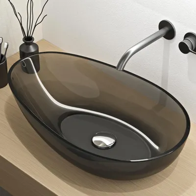 Produktbild von Mai & Mai Waschbecken Aufsatzwaschbecken aus Kunstharz Waschschale Handwaschbecken Oval 60x36x14cm in Glasgrau ohne Hahnloch und Überlauf Coloria04