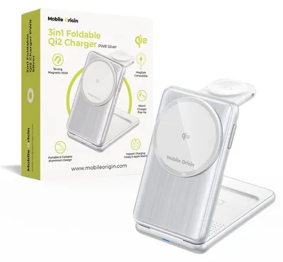 Obrázok produktu pre Mobilná skladateľná nabíjačka Origin 3 v 1 s technológiou Qi2, 8 W, strieborná