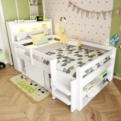 Image de Lit multifonction 90 x 200 cm en pin Lit d'enfant avec éclairage LED et port USB Lit avec rangement, portes coulissantes et étagères Blanc Sans matelas
