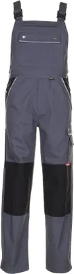 A pair of gray and black work overalls.