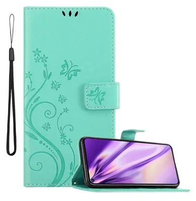 A turquoise flip phone case with a floral and butterfly design, shown with a smartphone inside.