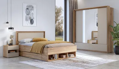 Produktbild von Schlafzimmer Set 7-teilig mit Bett 140x200 cm in Eiche mit beige ISPARTA-83, inkl. Lattenrost