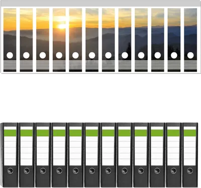 Produktbild von Wallario 12 Stück breite Ordner inkl. Klebeetiketten mit Motive Sonnenaufgang über dem Schwarzwald -  Set mit Rückenschildern / Ordnerrücken Stickern