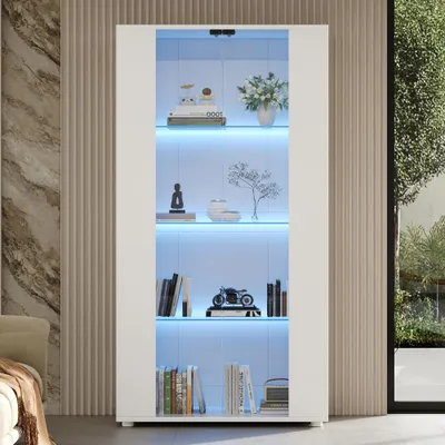 Zdjęcie produktu dla Białe witryny szklane do salonu, nowoczesna witryna z 2 drzwiczkami szklanymi, 4 półkami i regulowanym oświetleniem LED, wymiary: 80 x 36 x 150 cm