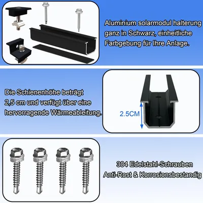 Immagine prodotto di Kit di montaggio per pannelli solari, profilo in alluminio da 12 cm, supporti regolabili, per 2 moduli, adatto per tetti piani