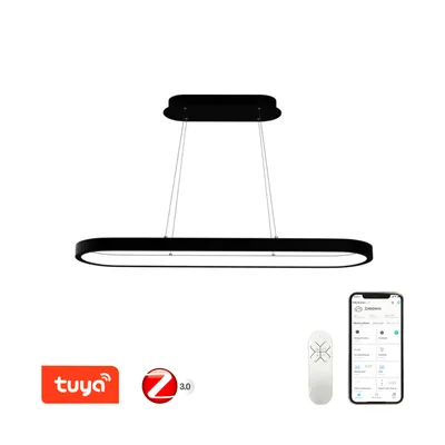 A modern black LED pendant light with a remote control and a smartphone app interface shown.