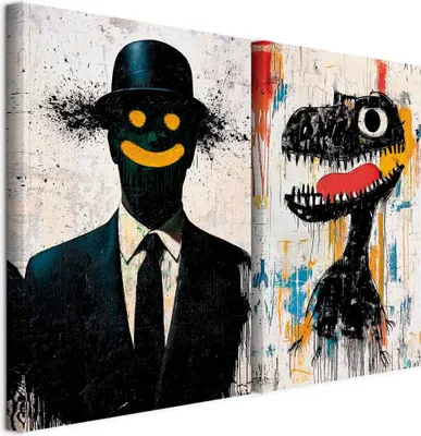 Produktbild von murando - Akustikbild Bilder XL Set Mann und Dinosaurier Kunstdruck auf Leinwandbild 80x60cm 2 Teilig je 40x60cm Collage 2er Kunst Wandpaneele Schalldämmung Leinwandbilder Dekoration - h-H-10095-b-a