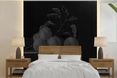 Produktbild von Fotobehang Stilleven mit fünf Aprikosen - Schwarzweiß-Artikel in 220 cm Breite x 220 cm Höhe