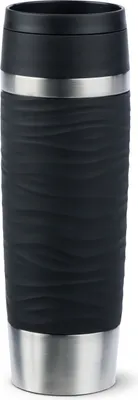 A black travel mug with a textured grip and silver accents, presented on a white background.