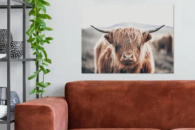 Produktbild von MuchoWow® - Leinwandbilder - Schottischer Highlander - Berg - Hoorn, Wandbild, Wanddeko Bilder Wohnzimmer, 80x60 cm