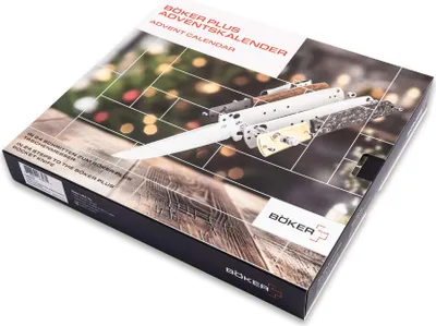 A product box for a Böker Plus Advent Calendar, featuring an image of a knife and festive bokeh lights.