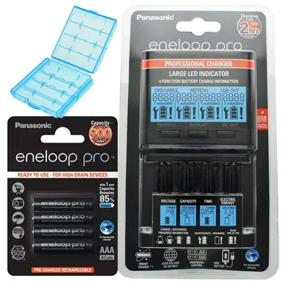 Zdjęcie produktu dla Panasonic eneloop Ladegerät BQ-CC65 inkl. LCD-Display, 4 eneloop Pro AAA Micro, AccuCell Box Blue