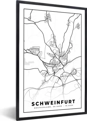 Produktbild von MuchoWow® Gerahmtes Poster Karte - Schweinfurt - Stadtplan 60x90 cm - Poster mit Schwarzem Bilderrahmen Wandposter Rahmen Foto Bilder - Kunst