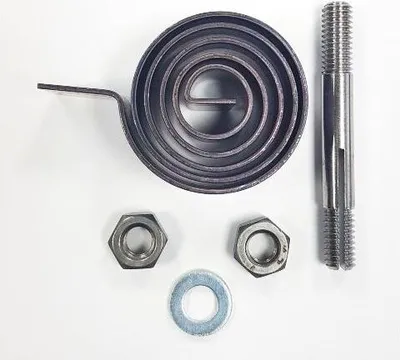 A collection of metal parts, including a spiral spring, a threaded bolt, two nuts, and a washer, laid out on a white background.