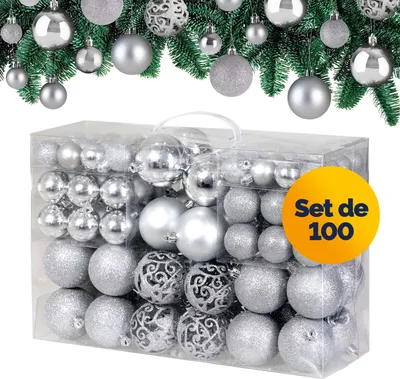 Obrázek produktu pro DEUBA® Vánoční ozdoby 100ks Ø 3-6cm plastové matné lesklé ozdoby na vánoční stromek Vánoční ozdoby na stromeček Vánoční ozdoby Vánoční dekorace stříbrná
