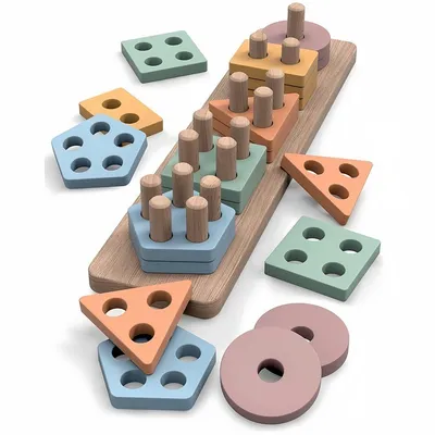 Produktbild von Montessori Holz Stapelspiel – Formen & Farben Lernen für Kinder 1–5 Jahre