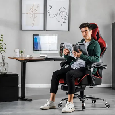 Produktbild von Gaming-Stuhl, Bürostuhl, ergonomischer PC-Stuhl, Gaming-Stuhl mit Massagefunktion, Bürostühle mit Fußstütze und Kopfstütze, rot, Kunstleder