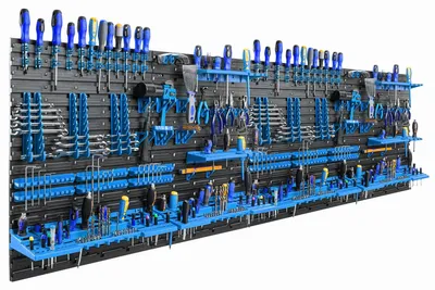 Produktbild von Werkzeugtafel - Werkzeugaufbewahrung für Werkstatt und Garage - 231,6 x 78 cm - Blaue Halterungen