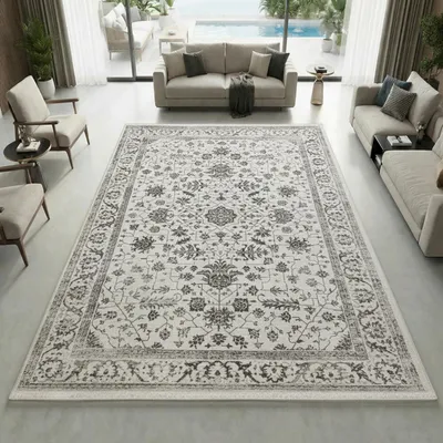 Obrázek produktu pro Orientální koberec s rostlinnými motivy a ornamenty, krémová barva – rozměry 140 x 200 cm