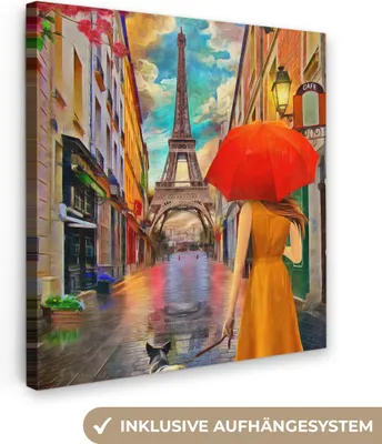 Produktbild von MuchoWow® - Leinwandbilder - Gemälde - Ölfarbe - Frau - Hund - Paris, Wandbild, Wanddeko Bilder Wohnzimmer, 50x50cm