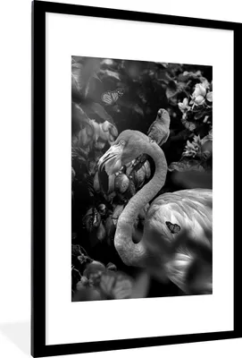Produktbild von MuchoWow® Gerahmtes Poster Flamingo und ein Vogel im Dschungel - schwarz und weiß 60x90 cm - Poster mit Schwarzem Bilderrahmen Wandposter Rahmen Foto Bilder - Dekoration - Wandposter Wohnzimmer - Hochwertig