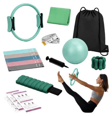Produktbild von Relaxdays Pilates Set, 13-teilig, Ring, Ball, 6 Widerstandsbänder, Gewichtsmanschetten, Pilateszubehör zuhause, grün