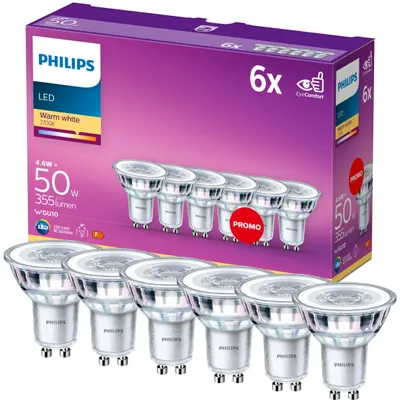 Zdjęcie produktu dla Philips Reflektor punktowy 50W PAR16 GU10 x 6, 4,6 W, 50 W, GU10, 355 lm, 15000 h, Ciepłe białe
