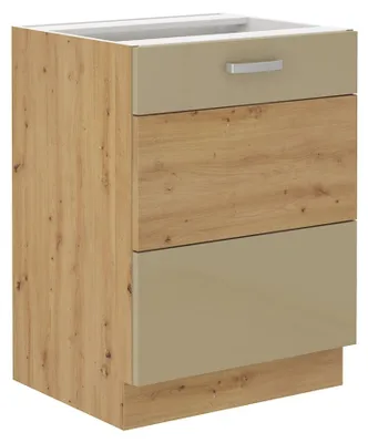 Produktbild von Unterschrank 60 cm Eiche Artisan + Cappuccino Hochglanz Küchenzeile Küchenblock