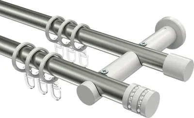 Produktbild von Interdeco Gardinenstange / Vorhangstange Edelstahl-Optik / Weiß, Typ Platon Estana (Glitzerkappe), 20 mm Ø 2-läufig, 480 cm