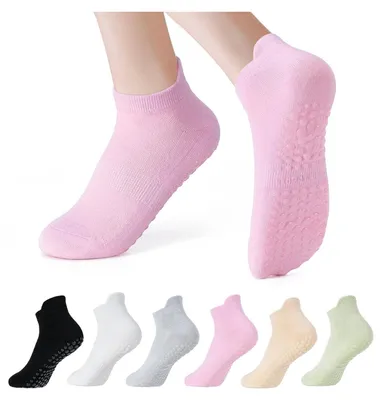 Image de Chaussettes de yoga, chaussettes antidérapantes, chaussettes antidérapantes de sport pour le yoga, la barre, le Pilates, la danse, la pratique pieds nus, le trampoline, à la maison, pour femmes et hommes (lot de 6)