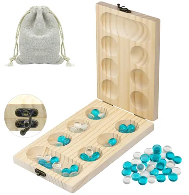 Produktbild von Omgoods – Mancala-Brettspiel aus Naturholz mit bunten Steinen