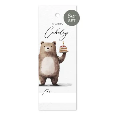 Produktbild von Geschenkanhänger "Happy Cakeday" mit Aquarellmotiv Bär | 8 Stück Anhänger mit Lochung | ideal für Geburtstagsgeschenk Flaschenverpackung Glückwünsche