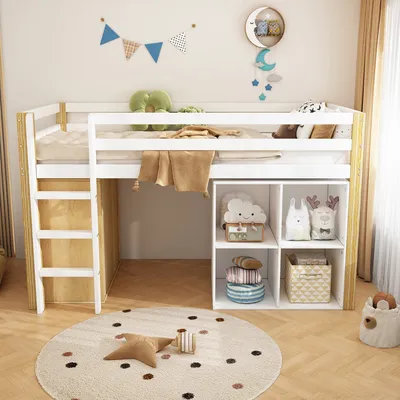 Immagine prodotto di MODFU Letto a castello 90x200 cm con 2 armadietti e scaletta, letto per bambini in legno massiccio con barriera protettiva, bianco