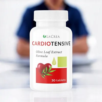 A product shot of a bottle of dietary supplements with a blurred background of a person.