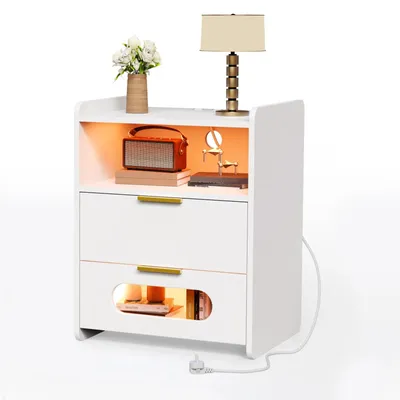 Produktbild von Nachttisch - Beistelltisch mit LED-Lichtleiste - Ladefunktion - 2 Schubladen - 50x40x64 cm - Für Schlafzimmer und Wohnzimmer - Weiß